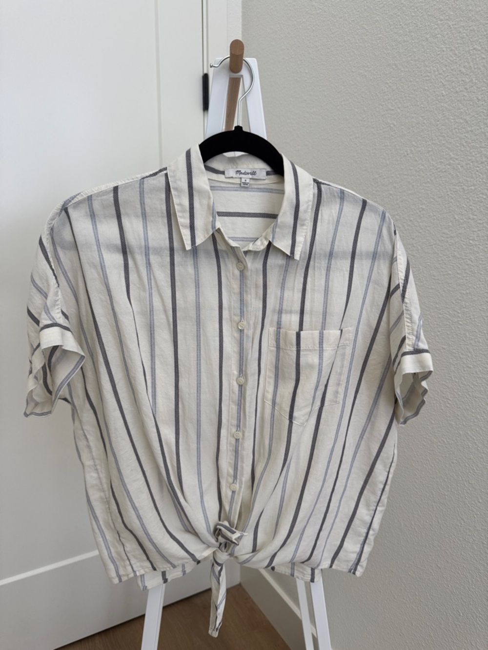 Madewell Cream Button-Down Tie-Front Shirt with Navy Stripes